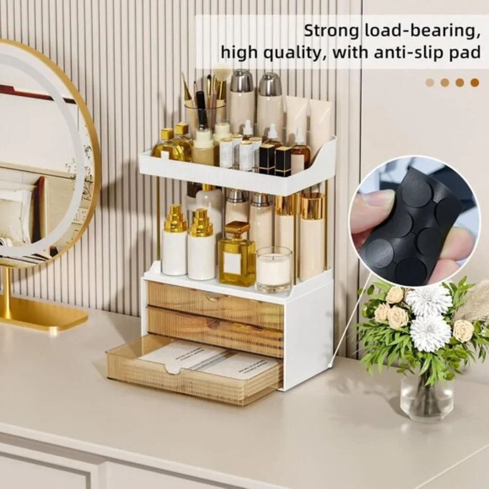 New 3-Drawer Makeup Organizer, 5-Tier Vanity & Skincare Storage in Amber